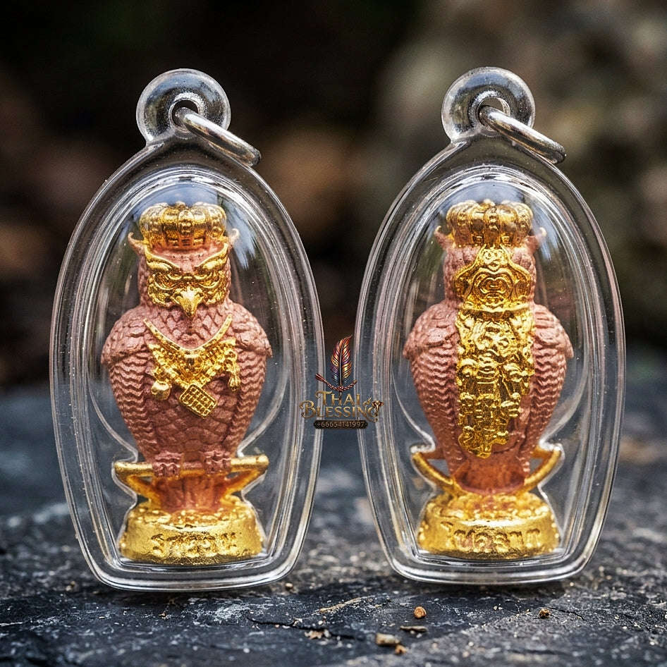 Authentic Thai Owl Wealth Amulet "Nok Thuet Thue BE 2565" - 2K Plated Bronze Night Fortune Owl Pendant Thai Blessing Co By RURUECHA
