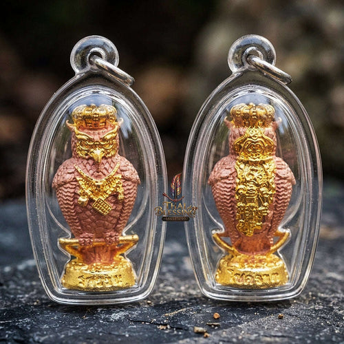 Authentic Thai Owl Wealth Amulet "Nok Thuet Thue BE 2565" - 2K Plated Bronze Night Fortune Owl Pendant Thai Blessing Co By RURUECHA