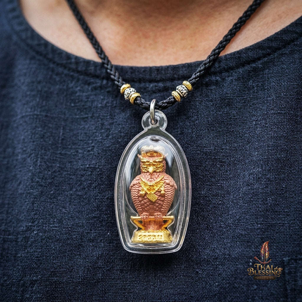 Authentic Thai Owl Wealth Amulet "Nok Thuet Thue BE 2565" - 2K Plated Bronze Night Fortune Owl Pendant Thai Blessing Co By RURUECHA