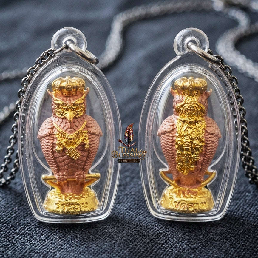 Authentic Thai Owl Wealth Amulet "Nok Thuet Thue BE 2565" - 2K Plated Bronze Night Fortune Owl Pendant Thai Blessing Co By RURUECHA