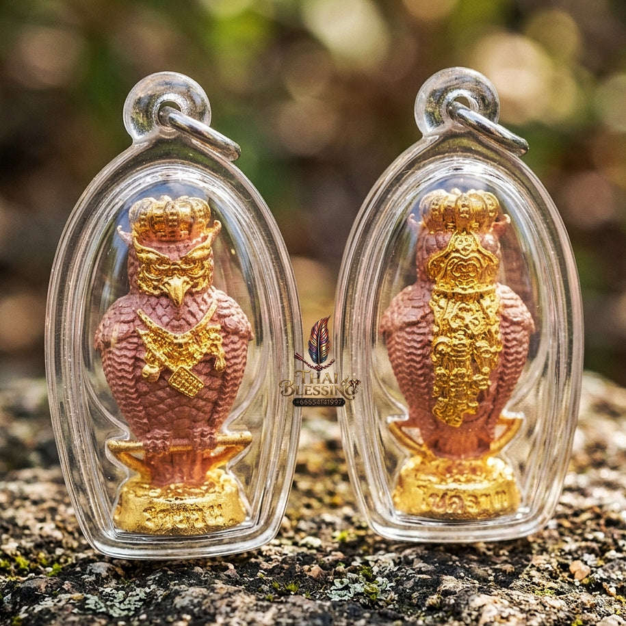 Authentic Thai Owl Wealth Amulet "Nok Thuet Thue BE 2565" - 2K Plated Bronze Night Fortune Owl Pendant Thai Blessing Co By RURUECHA