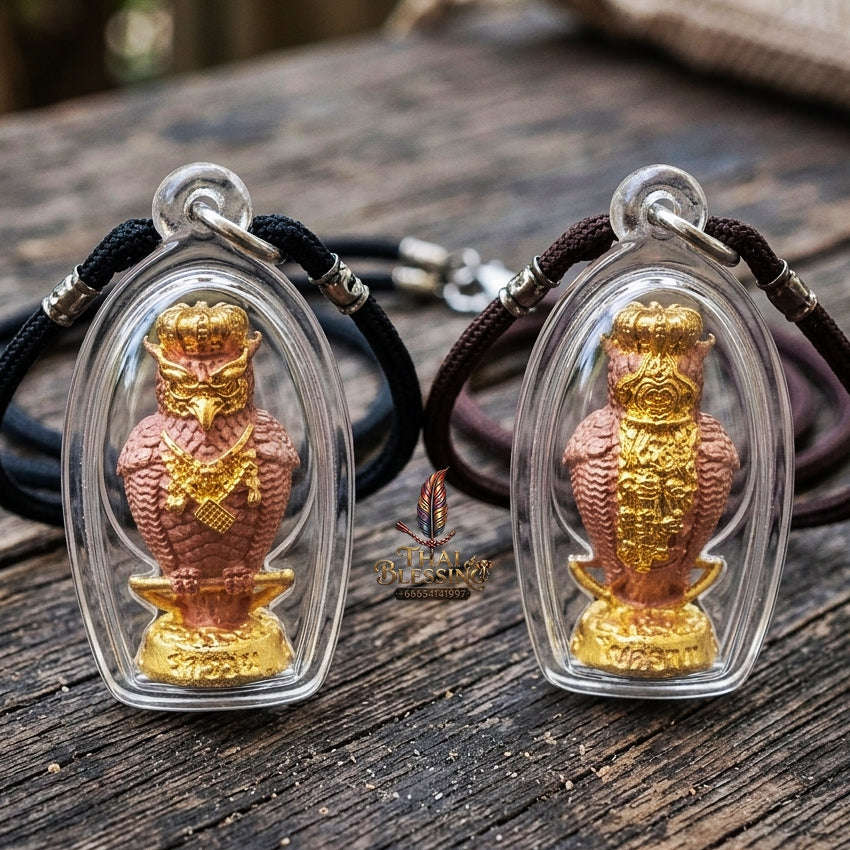 Authentic Thai Owl Wealth Amulet "Nok Thuet Thue BE 2565" - 2K Plated Bronze Night Fortune Owl Pendant Thai Blessing Co By RURUECHA