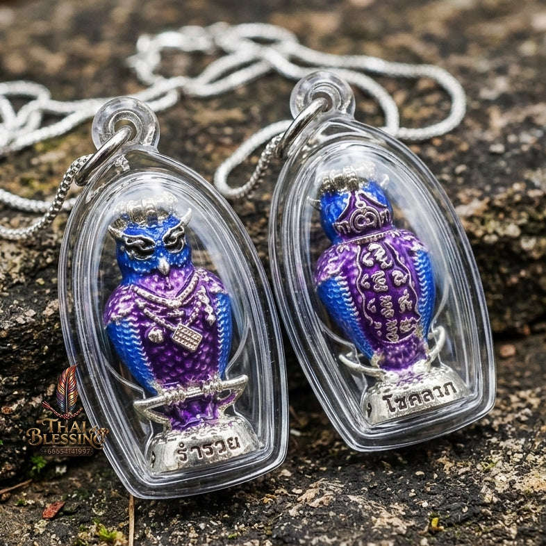 Authentic Thai Owl Wealth Amulet "Nok Thuet Thue BE 2565" - Silver Plated & Enamel Night Fortune Owl Pendant Thai Blessing Co By RURUECHA