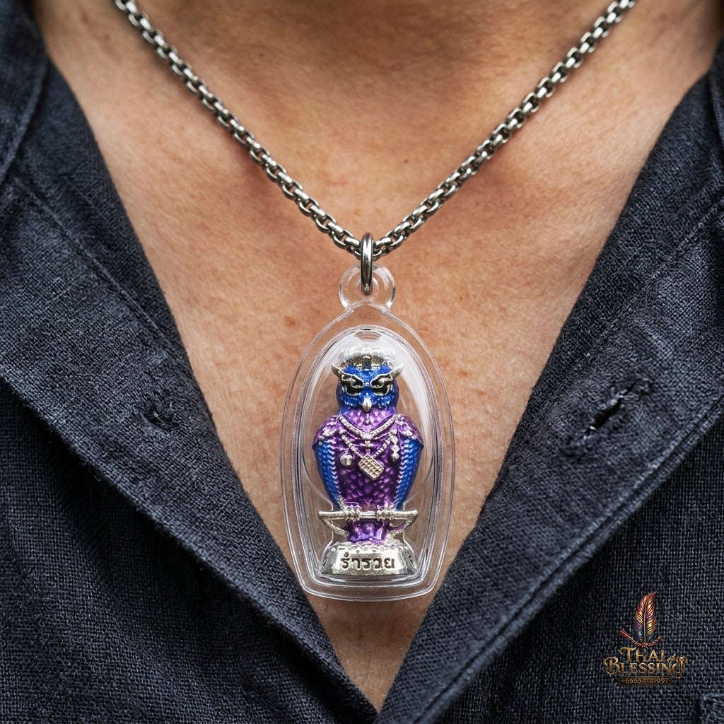 Authentic Thai Owl Wealth Amulet "Nok Thuet Thue BE 2565" - Silver Plated & Enamel Night Fortune Owl Pendant Thai Blessing Co By RURUECHA
