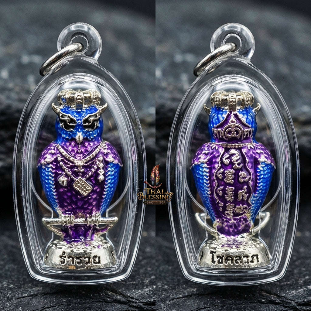 Authentic Thai Owl Wealth Amulet "Nok Thuet Thue BE 2565" - Silver Plated & Enamel Night Fortune Owl Pendant Thai Blessing Co By RURUECHA