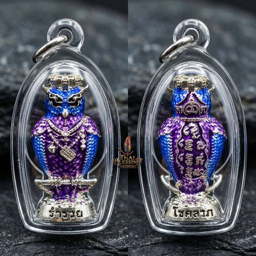 Authentic Thai Owl Wealth Amulet "Nok Thuet Thue BE 2565" - Silver Plated & Enamel Night Fortune Owl Pendant Thai Blessing Co By RURUECHA