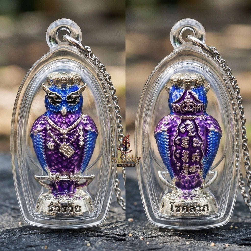 Authentic Thai Owl Wealth Amulet "Nok Thuet Thue BE 2565" - Silver Plated & Enamel Night Fortune Owl Pendant Thai Blessing Co By RURUECHA