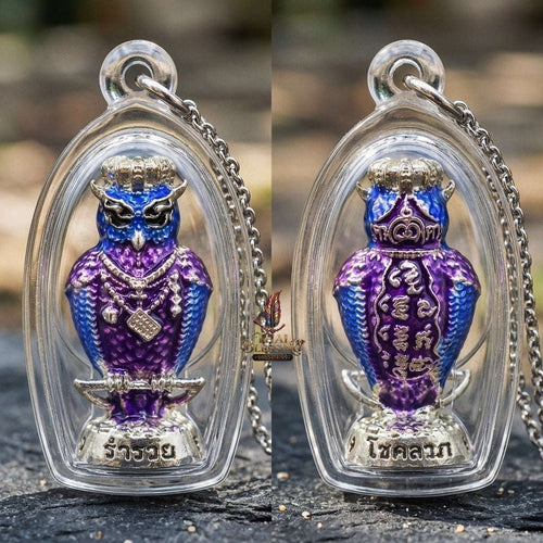 Authentic Thai Owl Wealth Amulet "Nok Thuet Thue BE 2565" - Silver Plated & Enamel Night Fortune Owl Pendant Thai Blessing Co By RURUECHA