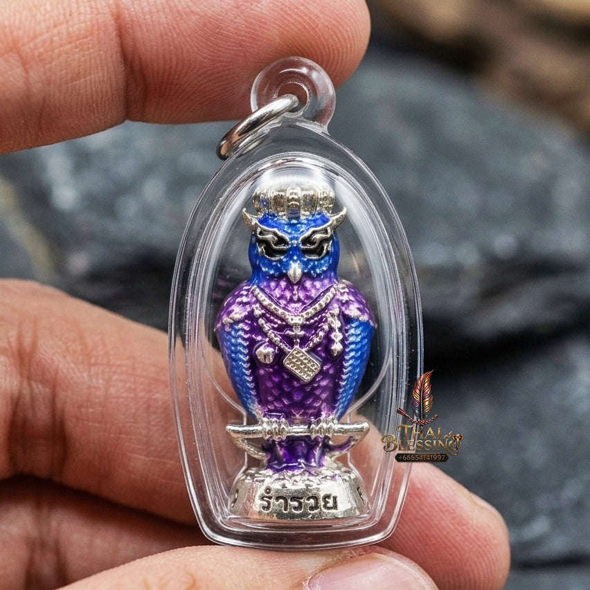 Authentic Thai Owl Wealth Amulet "Nok Thuet Thue BE 2565" - Silver Plated & Enamel Night Fortune Owl Pendant Thai Blessing Co By RURUECHA