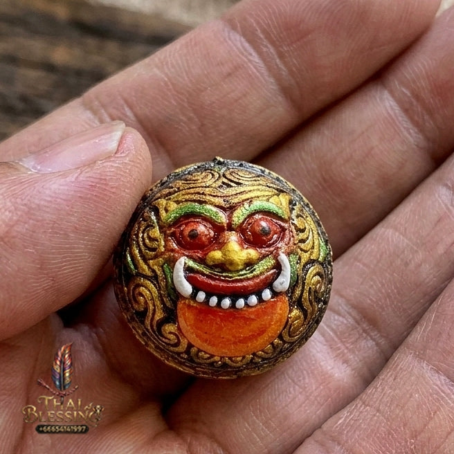 Authentic Thai Sacred Parot Kro Rahu Nuea Duang (Rahu Over Destiny Sacred Warning Bell) - Painted Bronze with Black Enamel for Destiny Elevation, Bad Luck Protection, Wealth & Universal Blessing