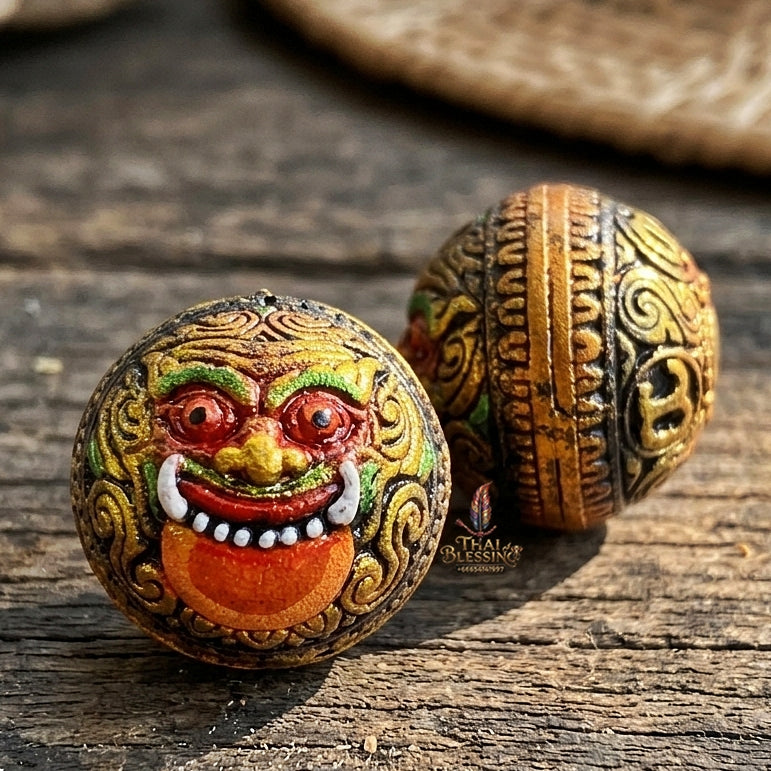 Authentic Thai Sacred Parot Kro Rahu Nuea Duang (Rahu Over Destiny Sacred Warning Bell) - Painted Bronze with Black Enamel for Destiny Elevation, Bad Luck Protection, Wealth & Universal Blessing