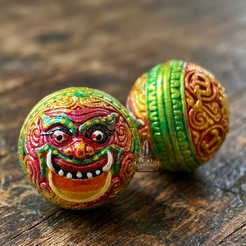 Authentic Thai Sacred Parot Kro Rahu Nuea Duang (Rahu Over Destiny Sacred Warning Bell) - Painted Bronze with Pink Enamel for Destiny Elevation, Bad Luck Protection, Wealth & Universal Blessing