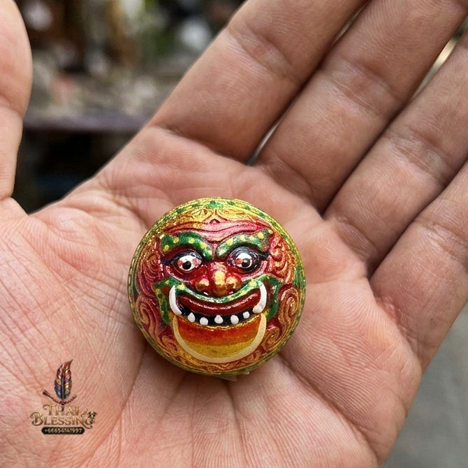 Authentic Thai Sacred Parot Kro Rahu Nuea Duang (Rahu Over Destiny Sacred Warning Bell) - Painted Bronze with Pink Enamel for Destiny Elevation, Bad Luck Protection, Wealth & Universal Blessing