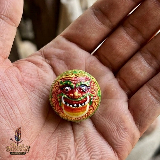 Authentic Thai Sacred Parot Kro Rahu Nuea Duang (Rahu Over Destiny Sacred Warning Bell) - Painted Bronze with Pink Enamel for Destiny Elevation, Bad Luck Protection, Wealth & Universal Blessing