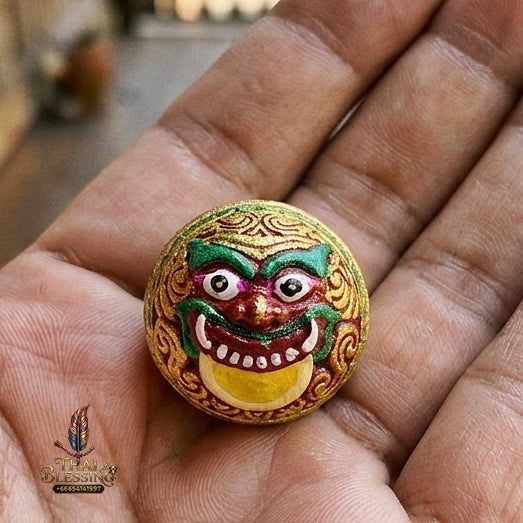 Authentic Thai Sacred Parot Kro Rahu Nuea Duang (Rahu Over Destiny Sacred Warning Bell) - Painted Bronze with Red Enamel for Destiny Elevation, Bad Luck Protection, Wealth & Universal Blessing