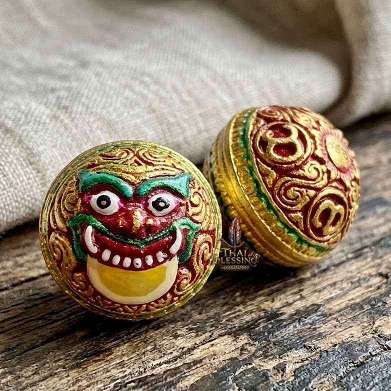 Authentic Thai Sacred Parot Kro Rahu Nuea Duang (Rahu Over Destiny Sacred Warning Bell) - Painted Bronze with Red Enamel for Destiny Elevation, Bad Luck Protection, Wealth & Universal Blessing