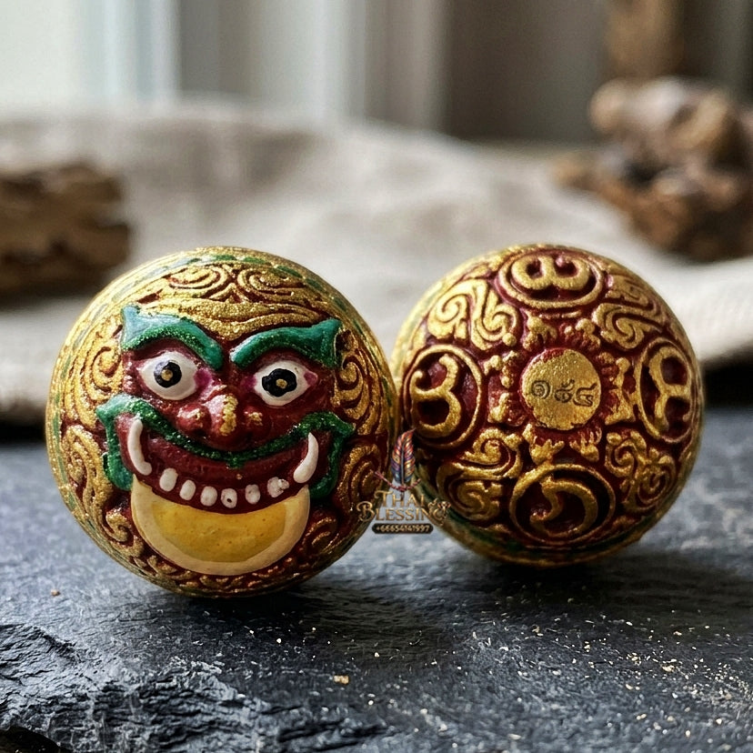 Authentic Thai Sacred Parot Kro Rahu Nuea Duang (Rahu Over Destiny Sacred Warning Bell) - Painted Bronze with Red Enamel for Destiny Elevation, Bad Luck Protection, Wealth & Universal Blessing