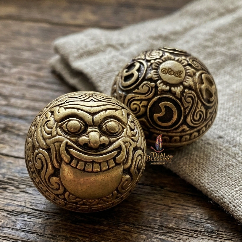 Authentic Thai Sacred Parot Kro Rahu Nuea Duang (Rahu Over Destiny Sacred Warning Bell) - Bronze Satin Gold for Destiny Elevation, Bad Luck Protection, Wealth & Universal Blessing