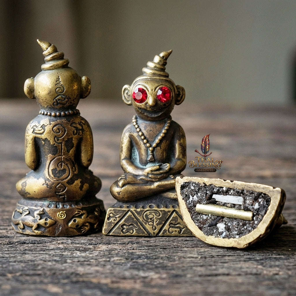 Authentic Thai Phaya Ngang Amulet "Chao Sane Phitsawat" - Esoteric Bronze Alloy Pendant with Red Gemstone Eyes & Sacred Relics