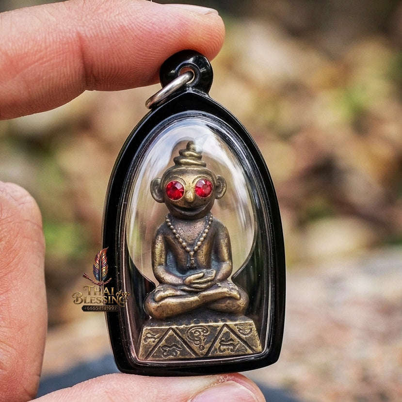 Authentic Thai Phaya Ngang Amulet "Chao Sane Phitsawat" - Esoteric Bronze Alloy Pendant with Red Gemstone Eyes & Sacred Relics