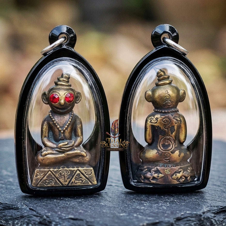 Authentic Thai Phaya Ngang Amulet "Chao Sane Phitsawat" - Esoteric Bronze Alloy Pendant with Red Gemstone Eyes & Sacred Relics