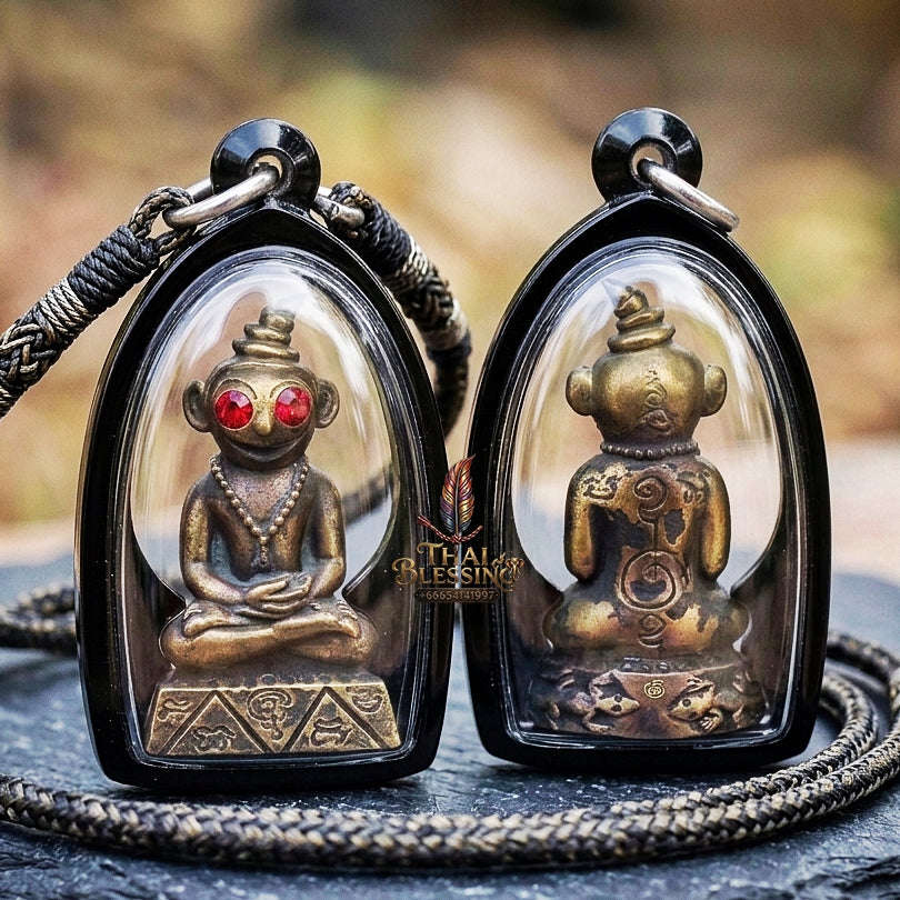 Authentic Thai Phaya Ngang Amulet "Chao Sane Phitsawat" - Esoteric Bronze Alloy Pendant with Red Gemstone Eyes & Sacred Relics