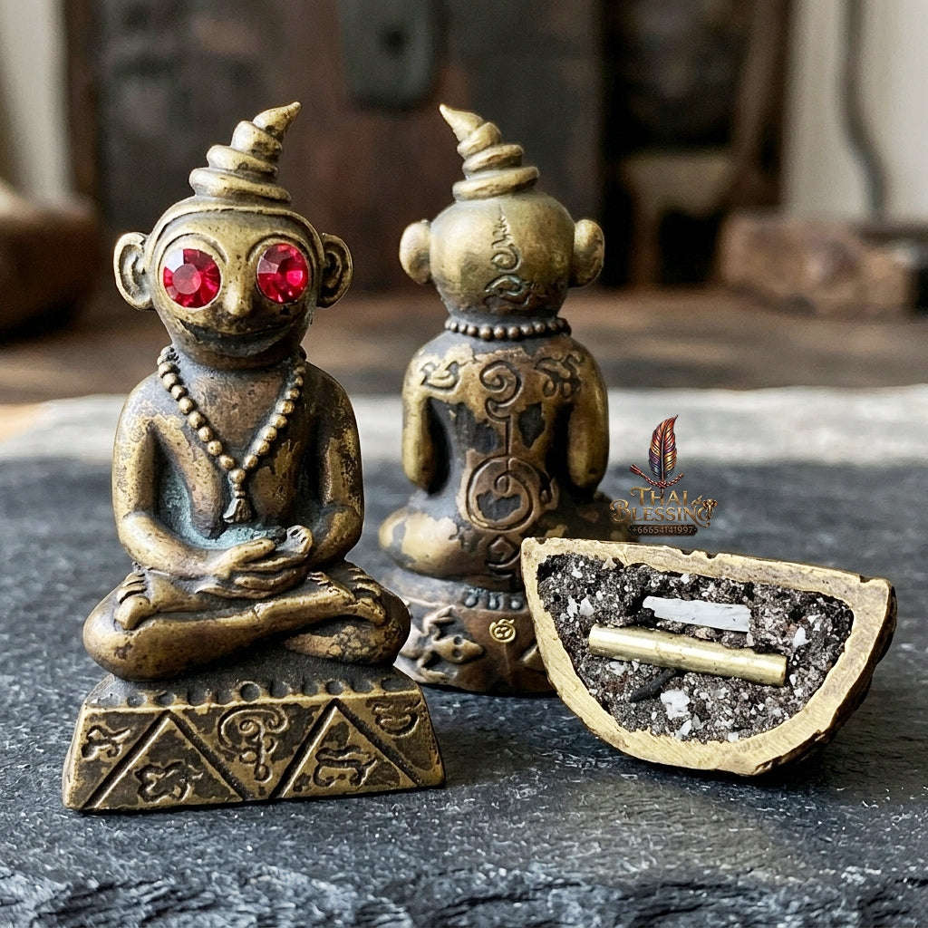 Authentic Thai Phaya Ngang Amulet "Chao Sane Phitsawat" - Esoteric Bronze Alloy Pendant with Red Gemstone Eyes & Sacred Relics