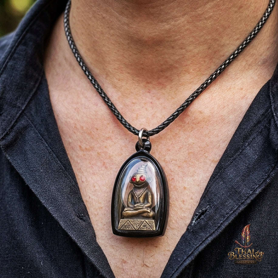 Authentic Thai Phaya Ngang Amulet "Chao Sane Phitsawat" - Esoteric Bronze Alloy Pendant with Red Gemstone Eyes & Sacred Relics