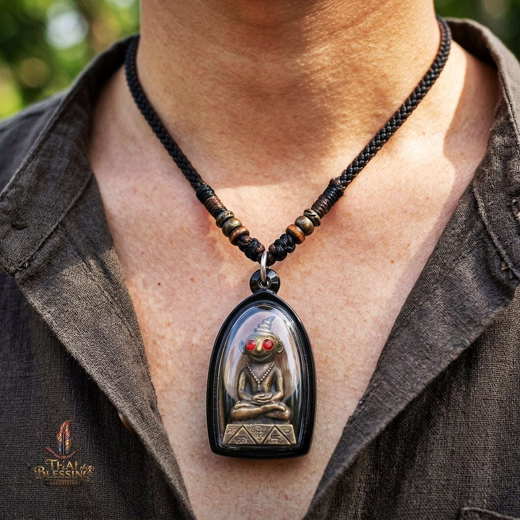 Authentic Thai Phaya Ngang Amulet "Chao Sane Phitsawat" - Esoteric Bronze Alloy Pendant with Red Gemstone Eyes & Sacred Relics