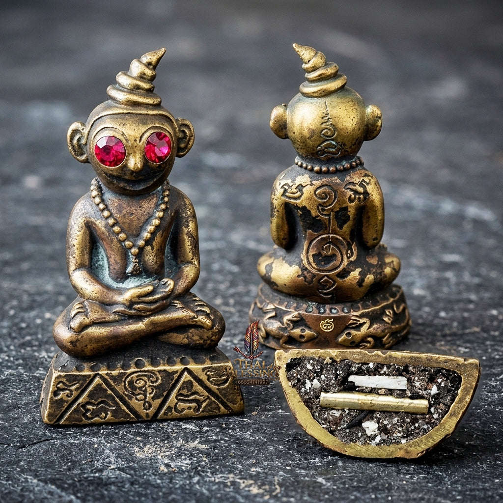 Authentic Thai Phaya Ngang Amulet "Chao Sane Phitsawat" - Esoteric Bronze Alloy Pendant with Red Gemstone Eyes & Sacred Relics