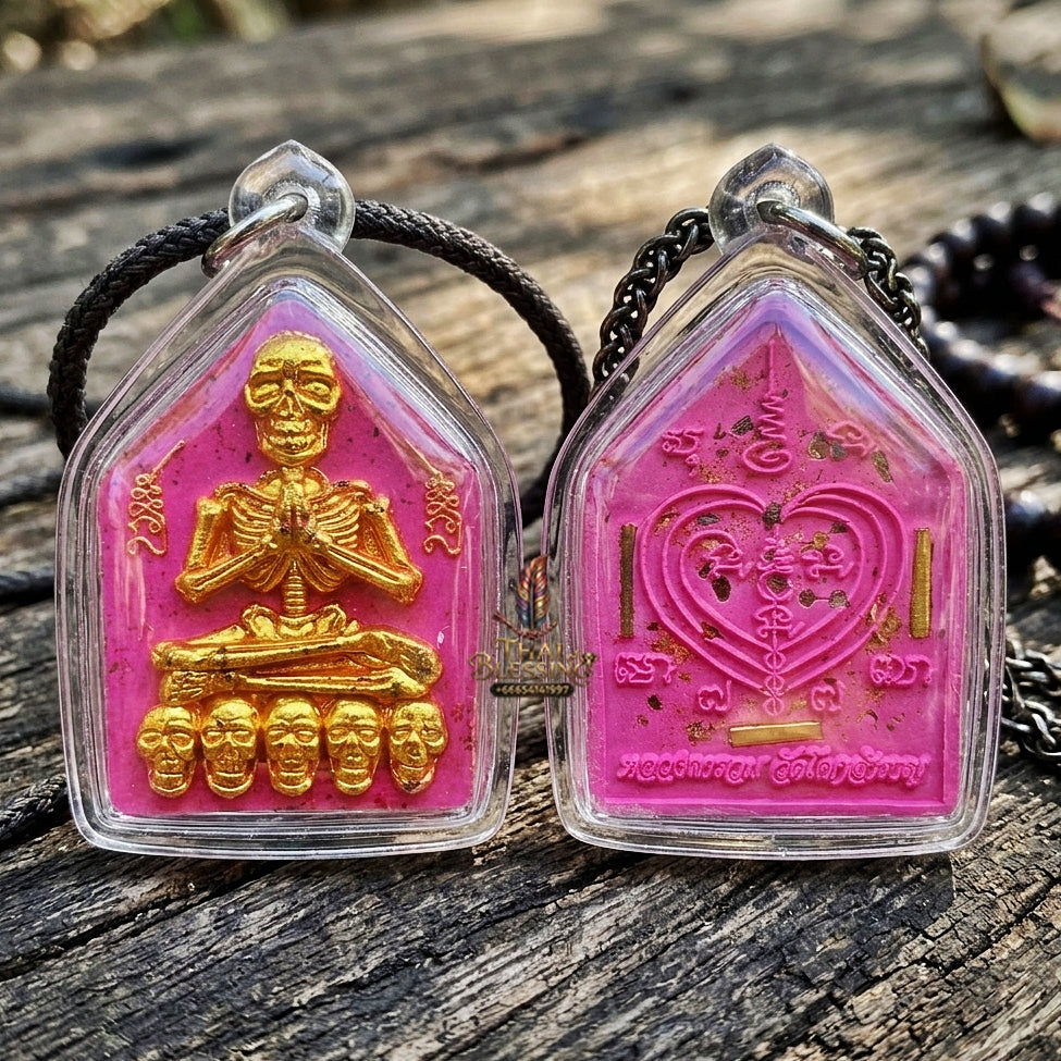 Authentic Thai Sacred Pho Phrai Thong (Golden Skeleton Spirit Amulet) - Pink Sacred Powder for Supreme Charm, Money Magnet, Wealth Attraction & Luck Enhancement
