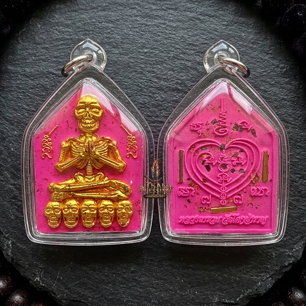 Authentic Thai Sacred Pho Phrai Thong (Golden Skeleton Spirit Amulet) - Pink Sacred Powder for Supreme Charm, Money Magnet, Wealth Attraction & Luck Enhancement