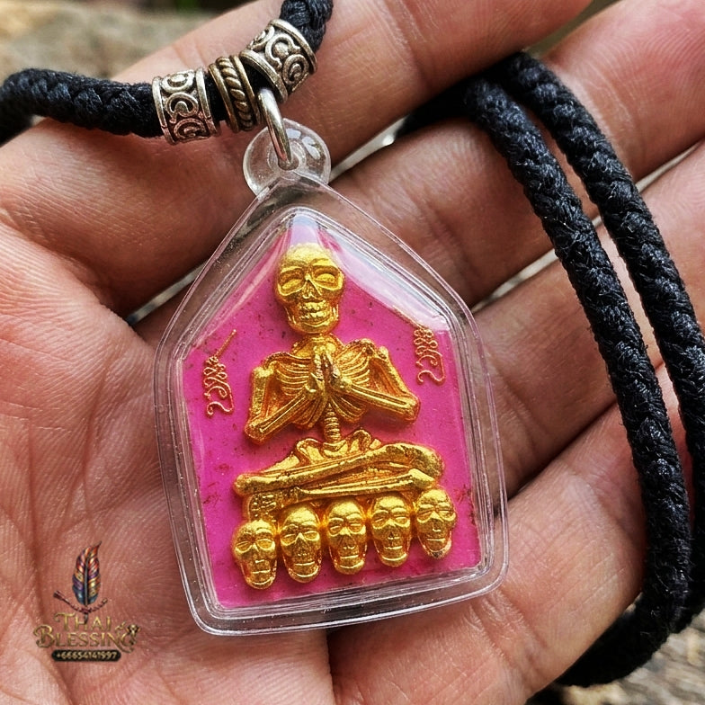 Authentic Thai Sacred Pho Phrai Thong (Golden Skeleton Spirit Amulet) - Pink Sacred Powder for Supreme Charm, Money Magnet, Wealth Attraction & Luck Enhancement