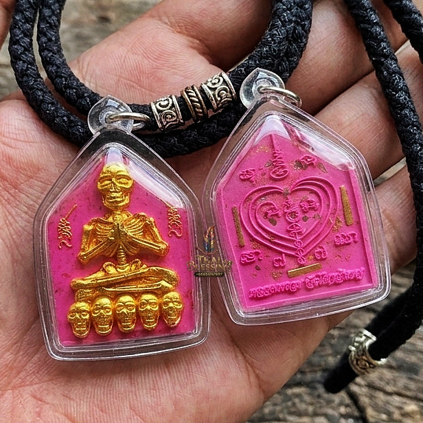 Authentic Thai Sacred Pho Phrai Thong (Golden Skeleton Spirit Amulet) - Pink Sacred Powder for Supreme Charm, Money Magnet, Wealth Attraction & Luck Enhancement