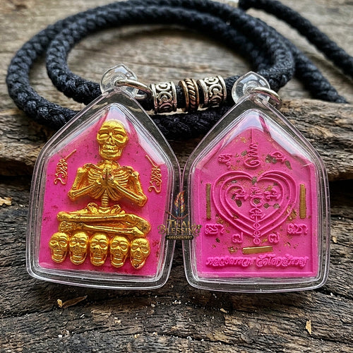 Authentic Thai Sacred Pho Phrai Thong (Golden Skeleton Spirit Amulet) - Pink Sacred Powder for Supreme Charm, Money Magnet, Wealth Attraction & Luck Enhancement