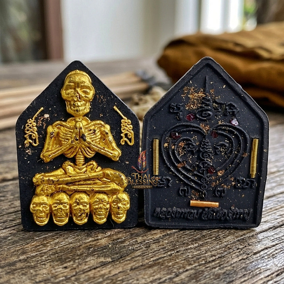 Authentic Thai Sacred Pho Phrai Thong (Golden Skeleton Spirit Amulet) - Black Sacred Herbal Powder Edition with Gold Takrut Inserts for Supreme Charm, Money Magnet, Wealth Attraction & Luck Enhancement