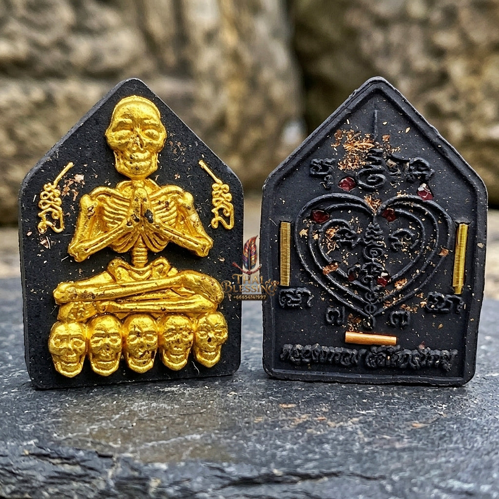 Authentic Thai Sacred Pho Phrai Thong (Golden Skeleton Spirit Amulet) - Black Sacred Herbal Powder Edition with Gold Takrut Inserts for Supreme Charm, Money Magnet, Wealth Attraction & Luck Enhancement