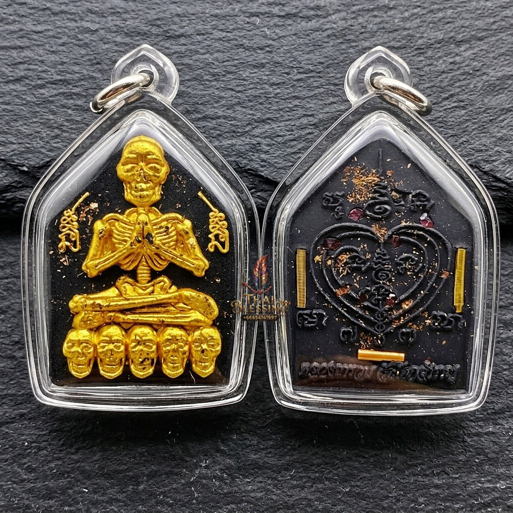 Authentic Thai Sacred Pho Phrai Thong (Golden Skeleton Spirit Amulet) - Black Sacred Herbal Powder Edition with Gold Takrut Inserts for Supreme Charm, Money Magnet, Wealth Attraction & Luck Enhancement