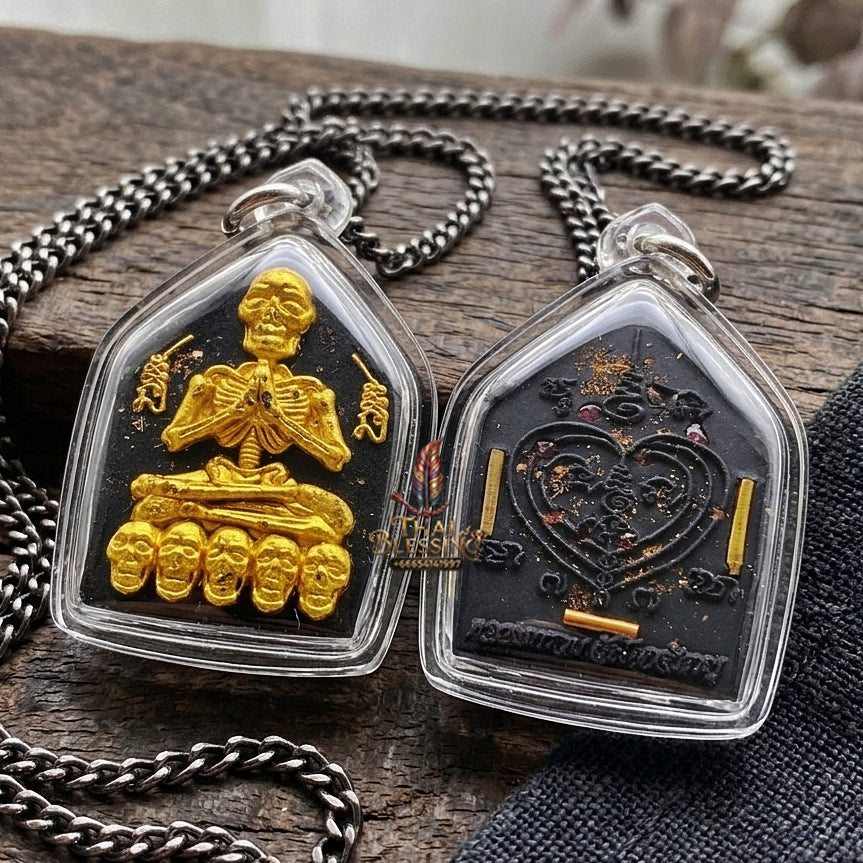 Authentic Thai Sacred Pho Phrai Thong (Golden Skeleton Spirit Amulet) - Black Sacred Herbal Powder Edition with Gold Takrut Inserts for Supreme Charm, Money Magnet, Wealth Attraction & Luck Enhancement
