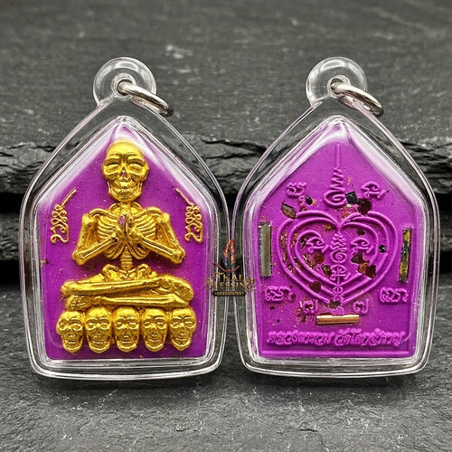 Authentic Thai Sacred Pho Phrai Thong (Golden Skeleton Spirit Amulet) - Purple Sacred Ittije Powder Edition with Gold Takrut Inserts for Supreme Charm, Money Magnet, Wealth Attraction & Luck Enhancement