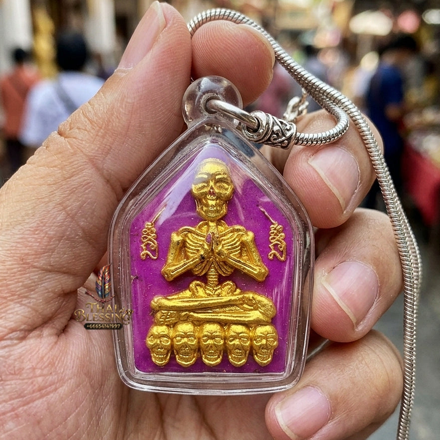 Authentic Thai Sacred Pho Phrai Thong (Golden Skeleton Spirit Amulet) - Purple Sacred Ittije Powder Edition with Gold Takrut Inserts for Supreme Charm, Money Magnet, Wealth Attraction & Luck Enhancement