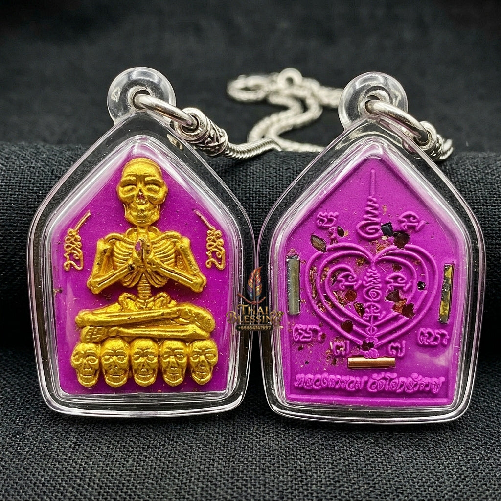 Authentic Thai Sacred Pho Phrai Thong (Golden Skeleton Spirit Amulet) - Purple Sacred Ittije Powder Edition with Gold Takrut Inserts for Supreme Charm, Money Magnet, Wealth Attraction & Luck Enhancement