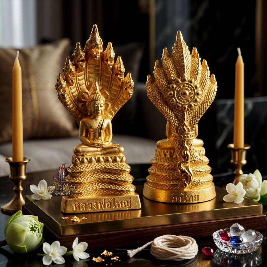 ✨ Authentic Thai "Phra Nak Prok" (Naga-Protected Buddha) – Gold-Plated Bronze (2024 "Great Buddha of Wealth" Edition) Thai Blessing Co By RURUECHA