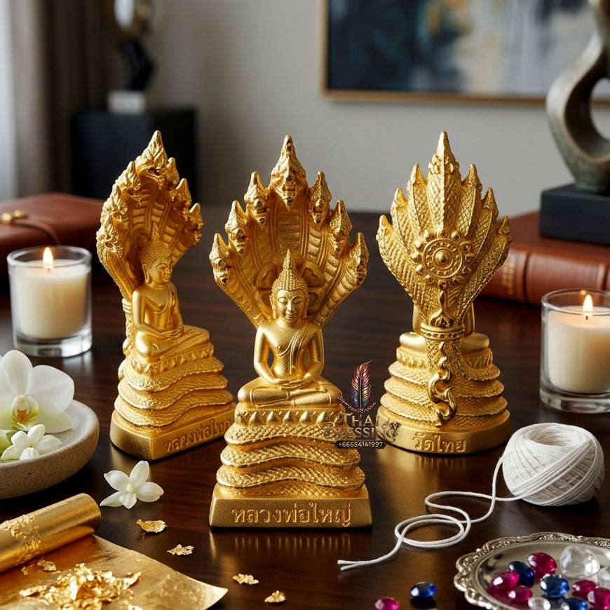 ✨ Authentic Thai "Phra Nak Prok" (Naga-Protected Buddha) – Gold-Plated Bronze (2024 "Great Buddha of Wealth" Edition) Thai Blessing Co By RURUECHA