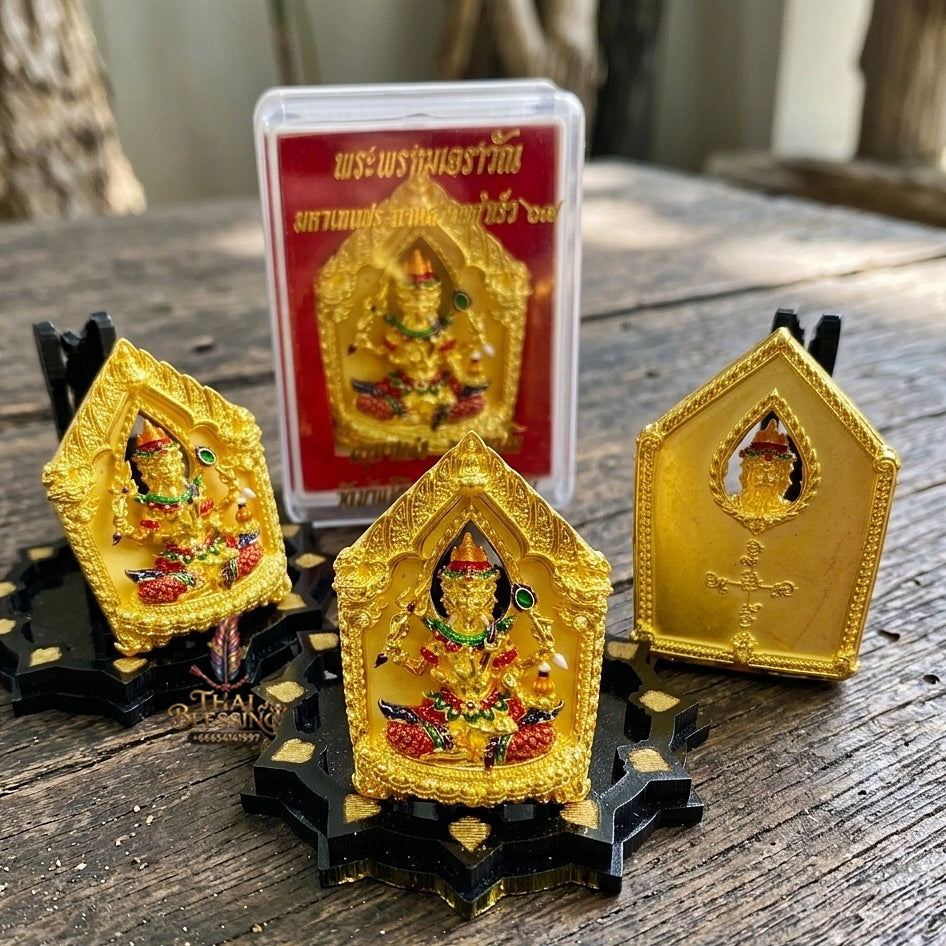 Authentic Thai Sacred Phra Phrom Erawan (4-Faced Brahma Divine Creator Statue) - Gold Plated with Hand-Painted Enamel Edition (Mahathep Pratthan Khwam Samret 67 Model) for Ultimate Success, Prosperity, Health & Wish Fulfillment