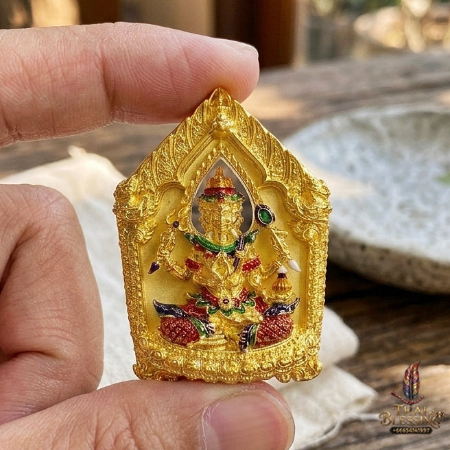 Authentic Thai Sacred Phra Phrom Erawan (4-Faced Brahma Divine Creator Statue) - Gold Plated with Hand-Painted Enamel Edition (Mahathep Pratthan Khwam Samret 67 Model) for Ultimate Success, Prosperity, Health & Wish Fulfillment