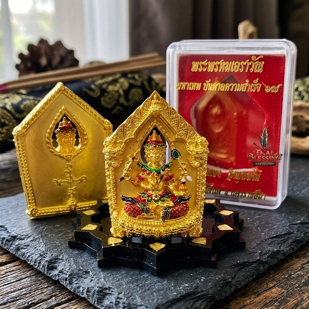 Authentic Thai Sacred Phra Phrom Erawan (4-Faced Brahma Divine Creator Statue) - Gold Plated with Hand-Painted Enamel Edition (Mahathep Pratthan Khwam Samret 67 Model) for Ultimate Success, Prosperity, Health & Wish Fulfillment