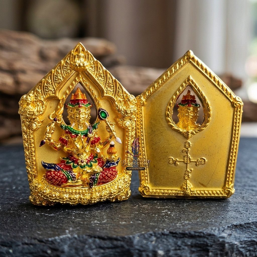 Authentic Thai Sacred Phra Phrom Erawan (4-Faced Brahma Divine Creator Statue) - Gold Plated with Hand-Painted Enamel Edition (Mahathep Pratthan Khwam Samret 67 Model) for Ultimate Success, Prosperity, Health & Wish Fulfillment