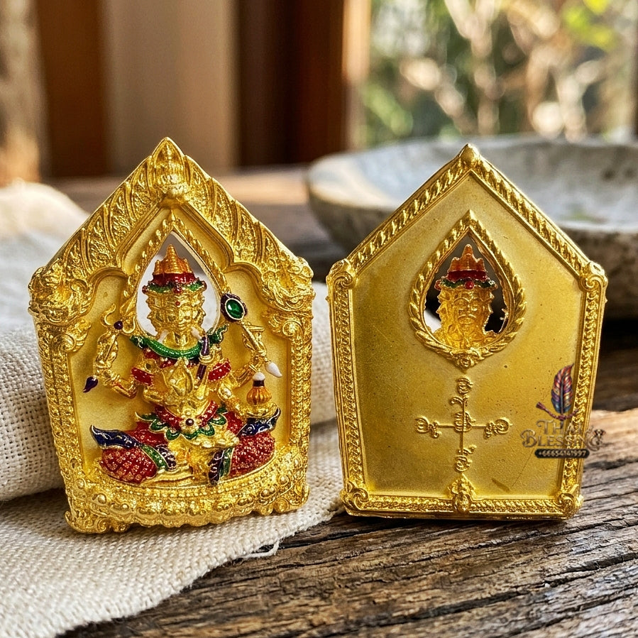 Authentic Thai Sacred Phra Phrom Erawan (4-Faced Brahma Divine Creator Statue) - Gold Plated with Hand-Painted Enamel Edition (Mahathep Pratthan Khwam Samret 67 Model) for Ultimate Success, Prosperity, Health & Wish Fulfillment