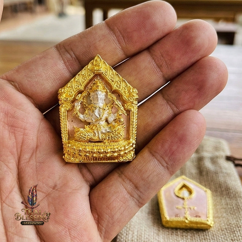 Authentic Thai Sacred Phra Phrom Erawan (4-Faced Brahma Divine Creator Statue) - Small Size 3K Plated Bronze Edition (Mahathep Pratthan Khwam Samret 67 Model) for Ultimate Success, Prosperity, Health & Wish Fulfillment